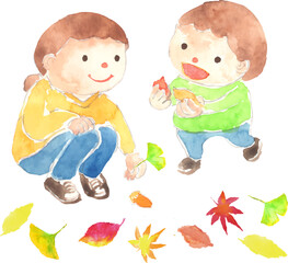 紅葉した葉っぱを拾う親子のイラスト　ベクター