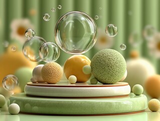 Minimalist 3D Product Display with Mint Green Background, Glass Bubbles and Pastel Spheres