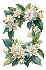 White floral frame with green leaves, watercolor illustration isolated on transparent background