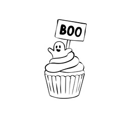 Cute Halloween Ghost Cupcake with “BOO” Sign