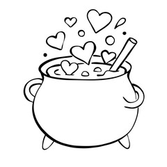 Love Potion Cauldron Line Art | Cute Heart Magic Pot Illustration