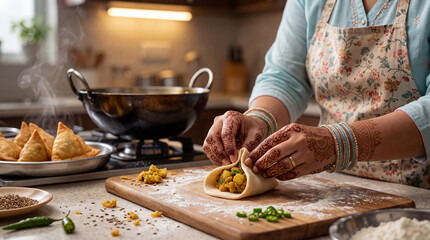 Closeup of a persons hands expertly folding dough to create traditional indian samosas in a home kitchen
