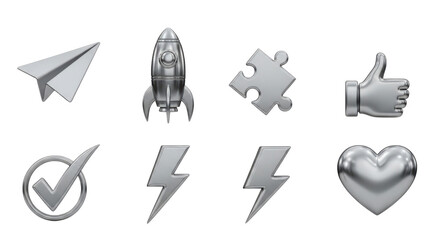 Silver icons paper airplane rocket puzzle piece thumbs up check mark lightning bolts heart transparent background cutout png