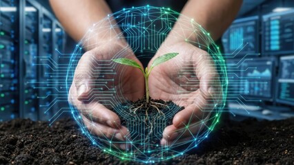 Hands Cupping Young Plant Emerging From Soil With Digital Network Overlay In Data Center