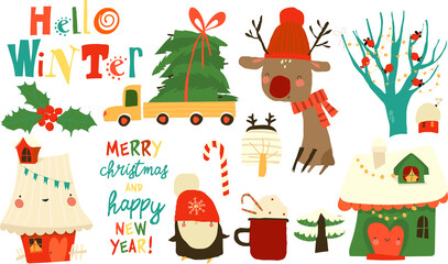 Vector Cartoon Set With Cute Animals and Christmas Elements