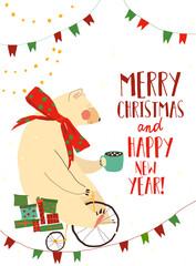 Cute Polar Bear riding Bicycle with Christmas Gifts. Vector Illustration
