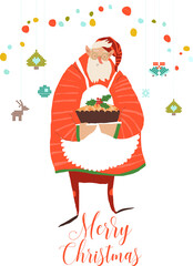 Christmas and Happy New Year illustration of Santa with Cake. Vector Illusration