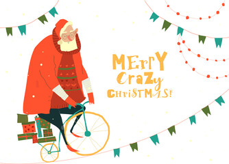 Santa Claus riding Bicycle with Christmas Gifts. Vector Illustration