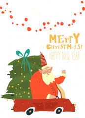 Santa Claus Driving Car with Stack of Christmas Trees. Vector Illustration