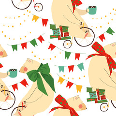 Vector Seamless Pattern with Cute Polar Bears and Christmas Decoration