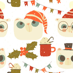 Vector Seamless Pattern With Cute Polar Bear Faces and Christmas Elements