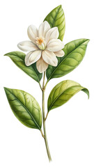 Elegant white flower with green leaves on stem, botanical watercolor art. isolated on transparent background