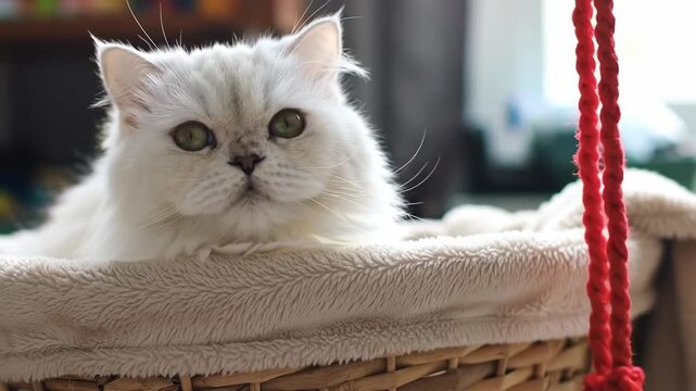 White Persian cat resting in a basket, looking at the camera with green eyes.  Cute pet portrait of feline with red string toy.