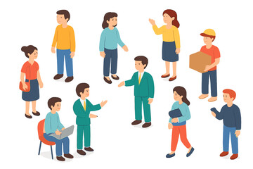 Isometric diverse group of people interacting in a business and casual setting