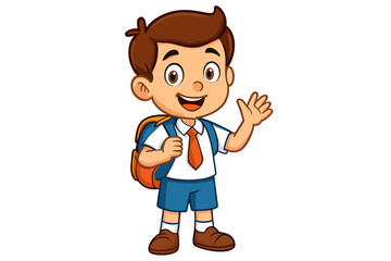 Young schoolboy in uniform and backpack waving hello while standing ready for class