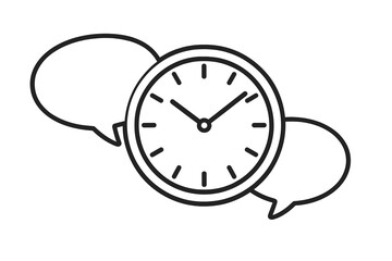 Analog clock and speech bubbles representing timely communication and discussion