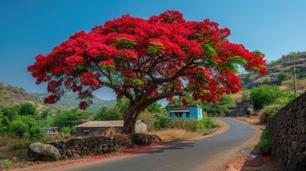 Vibrant Red Flowering Tree by Roadside Under Clear Blue Sky in Serene Landscape