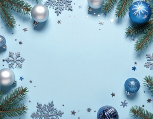 Minimalist AI Christmas scene, soft blue background, silver & blue ornaments, glitter snowflakes, pine branches, shiny baubles, star confetti, clean space for text, festive top-view.