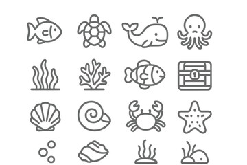 Minimalist line drawing of various marine animals and aquatic elements