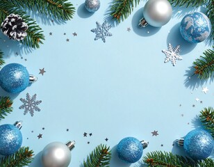 Minimalist AI Christmas scene, soft blue background, silver & blue ornaments, glitter snowflakes, pine branches, shiny baubles, star confetti, clean space for text, festive top-view.