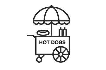 Minimalist line drawing of a hot dog street food cart and condiment bottles