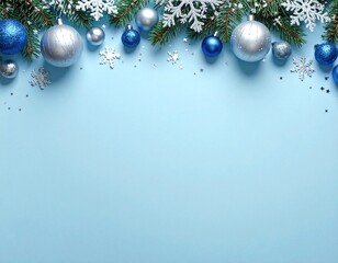 Minimalist AI Christmas scene, soft blue background, silver & blue ornaments, glitter snowflakes, pine branches, shiny baubles, star confetti, clean space for text, festive top-view.