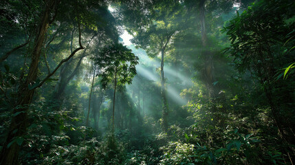 Dense forest with sunlight beams natural tranquil atmosphere, ecological photography design material wallpaper background