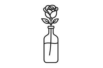 Elegant minimalist single rose flower with leaves inside a clear glass bottle vase