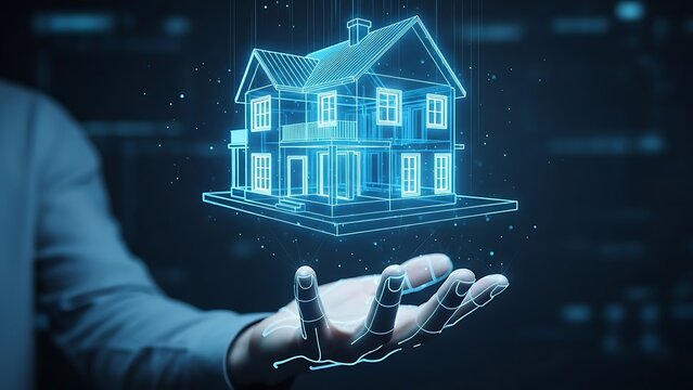 Holographic projection of a modern house blueprint hovering above a human hand in a dark, futuristic digital environment concept - Powered by Adobe