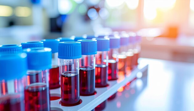 Blood samples in laboratory test tubes ready for analysis and research, ideal for medical studies, scientific reports, and pharmaceutical promotion campaigns