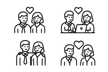 Outline symbols depicting dating, romance, love, and couple relationships in various situations