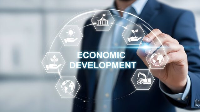 Modern businessman activating sustainable economic development interface for global growth and a vibrant future with positive impact - Powered by Adobe