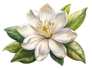 Watercolor white orange blossom flower with fresh green leaves isolated on transparent background
