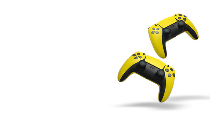 Obraz premium Wireless gaming controllers flying in air isolated on white background, symbolizing gaming technology concept