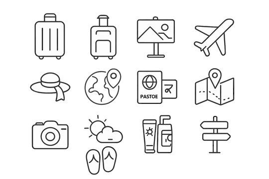 Outline symbols for travel, tourism, vacation, and summer holiday planning