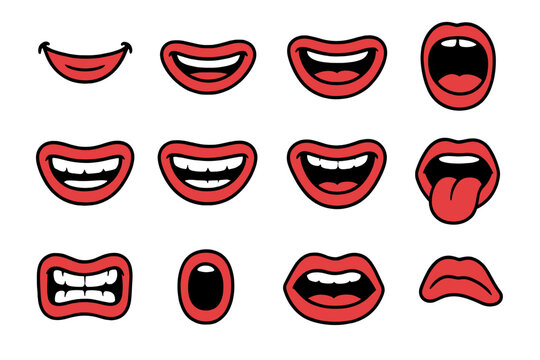 Cartoon mouth expressions set showing different emotions and lip movements