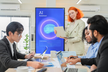 Fototapeta premium Multiethnic business professionals collaborate in modern office using AI virtual assistant and big data analytics to connect insights, driving strategic innovation through intelligent automation 