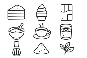 Minimalist outline symbols for desserts, hot drinks, cake, ice cream, coffee, and tea