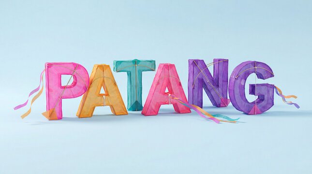 Colorful patang word made of kitelike letters with ribbons, celebrating indian kite festival