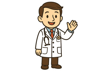 Fototapeta premium Cheerful medical professional in uniform greeting patients with a friendly hand wave