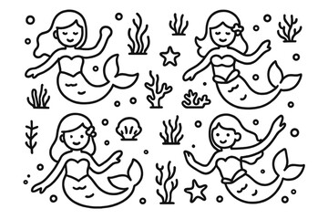 Seamless monochrome doodle pattern with mythical mermaids and ocean life elements