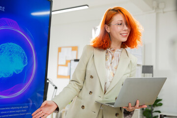 Multiethnic business professionals collaborate in modern office using AI virtual assistant and big...