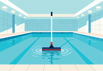 Cleaned pool interior with brush creating ripples in center. Pool is lined with blue tiles. Ceiling lights