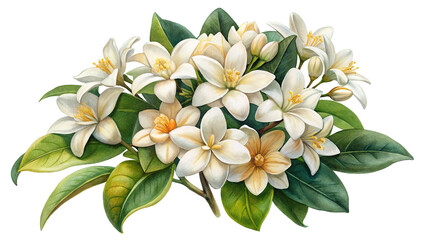 Lush cluster of white orange blossoms and vibrant green leaves isolated on transparent background