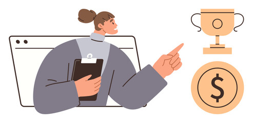Woman holding clipboard, browser window backdrop, pointing at trophy and coin. Ideal for success, motivation, leadership, financial growth, goal setting achievement career aspirations. Simple flat