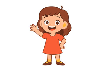 Cute happy little girl kid cartoon character waving hand in friendly greeting gesture