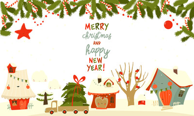 Cartoon Illustration with Cute Christmas Houses. Vector Illustration