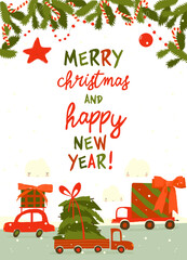 Cartoon Illustration with Cars riding Christmas Gifts. Vector Illustration