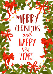 Festive Christmas Card with Fir Branches and Red Bows. Vector Greeting Card