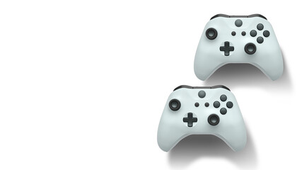 Wireless gaming controllers flying in air isolated on white background, symbolizing gaming technology concept